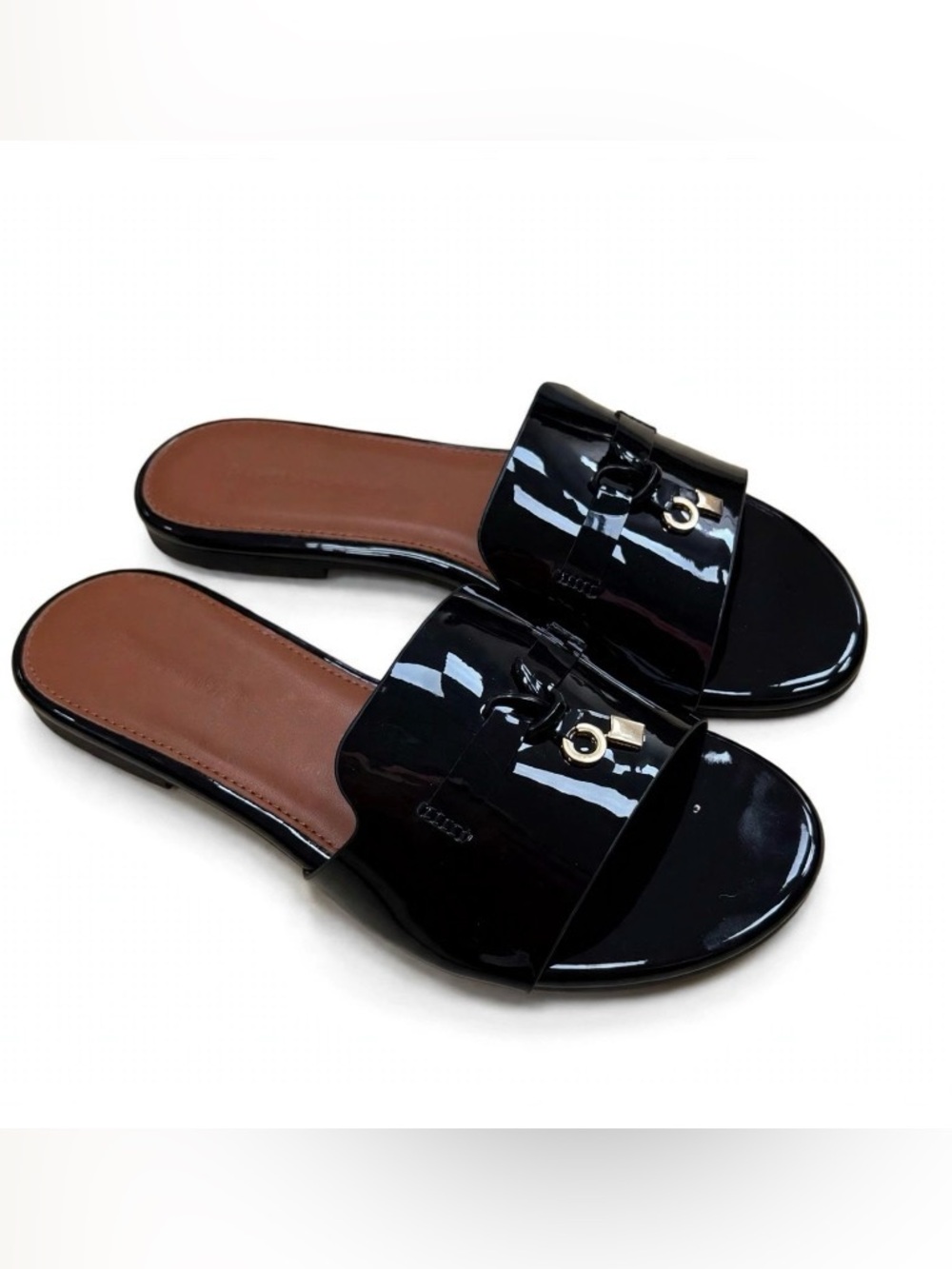 Patent Leather Black Slide Sandals - Women